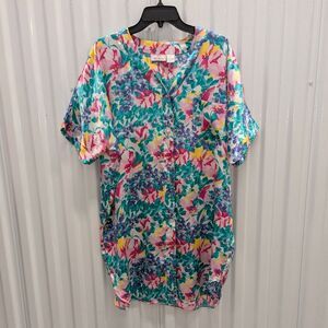 Vintage Satin And Beaux Floral Silky Long Night Sleep Shirt Button Front Kitschy